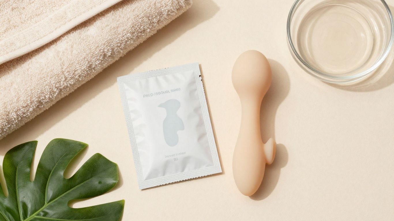 Personal lubricant samples arranged beside body-safe essentials