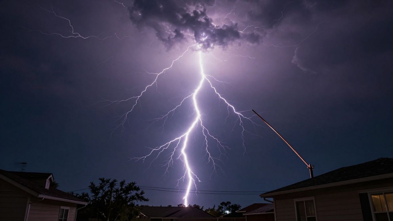 House protected from lightning strike with grounding system.