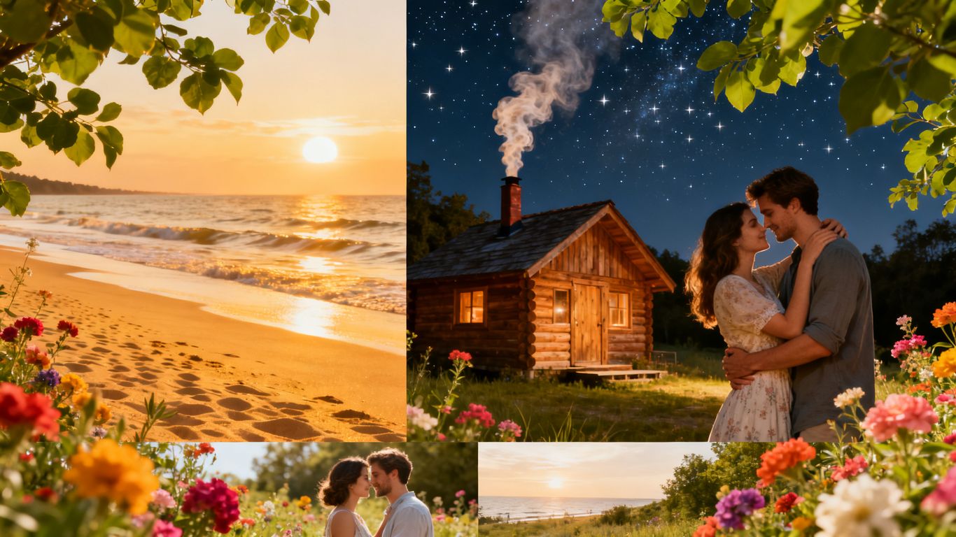 Hallmark's August romance movies: couples in scenic summer settings.
