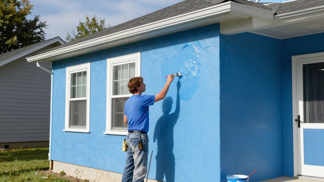Painter applying blue paint to a house exterior.
