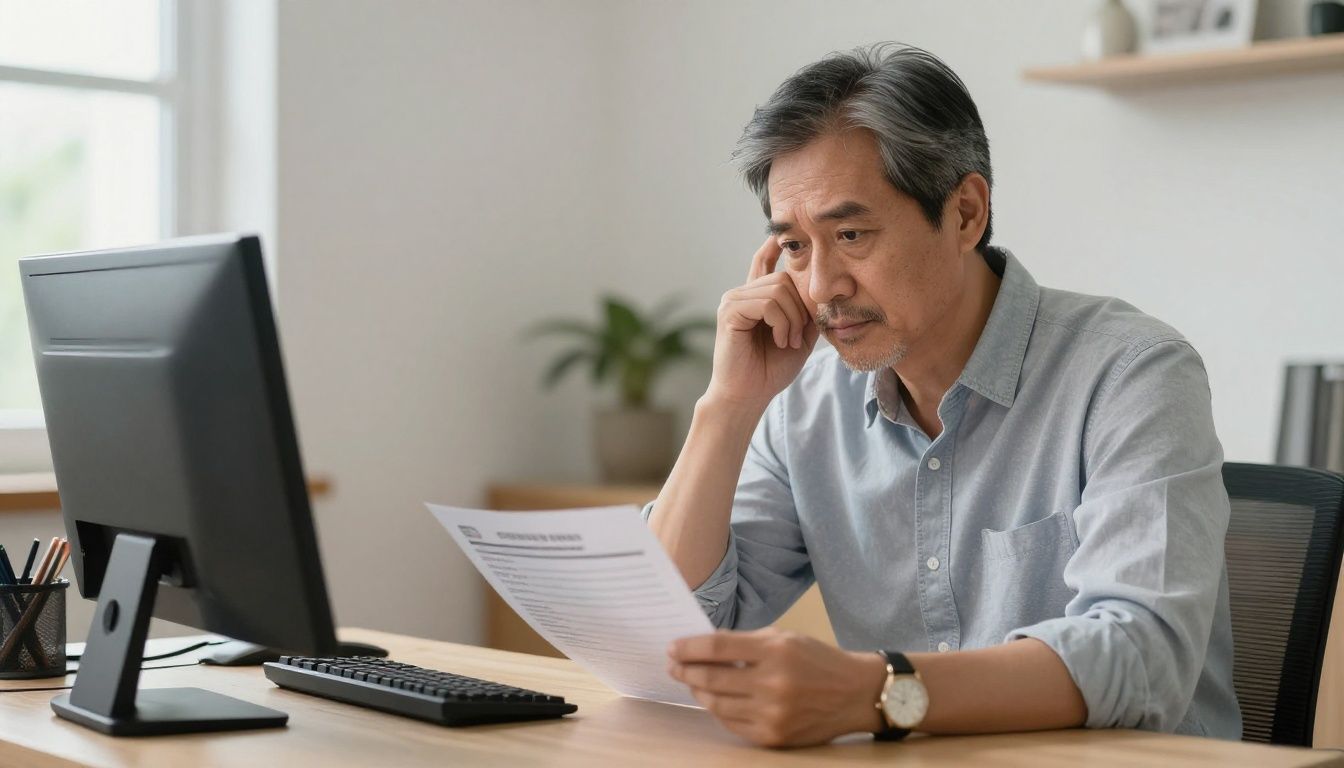 A thoughtful man in his 40s looking at a lab report in a calm, well-lit home office, contemplating his health.