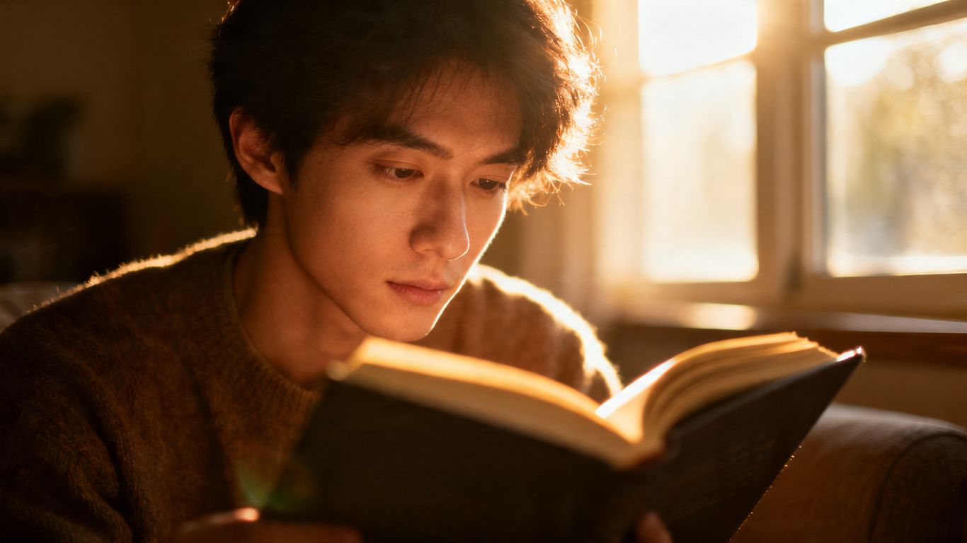 Person reading a book with sunlight streaming in.