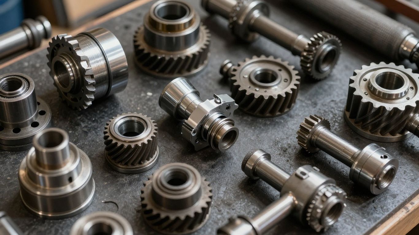 Transmission gears and parts arranged on a dark surface.
