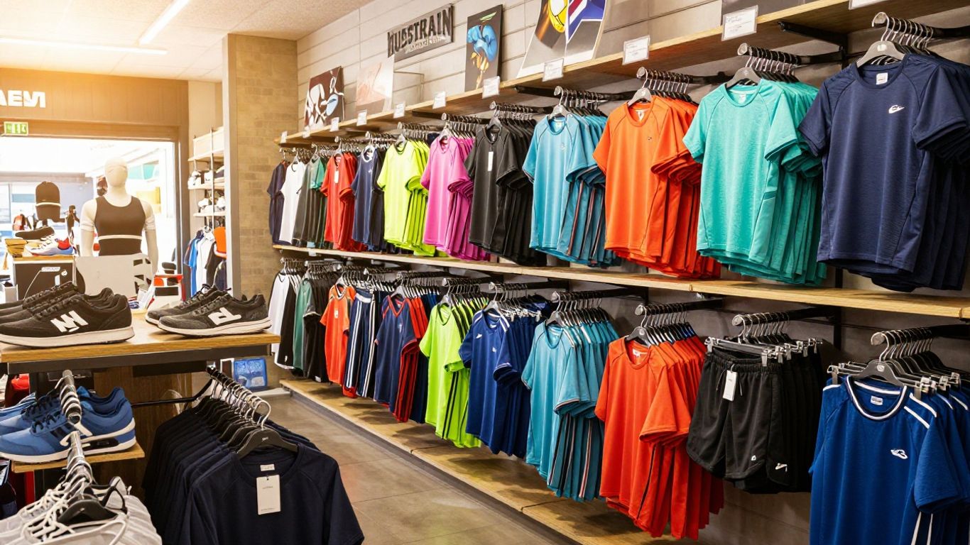 Discounted sports apparel racks in a bright Australian store.