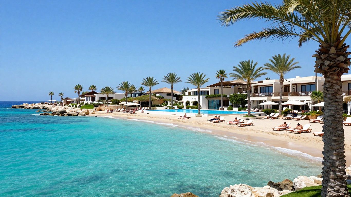 Cyprus beach resort with turquoise water and palm trees.