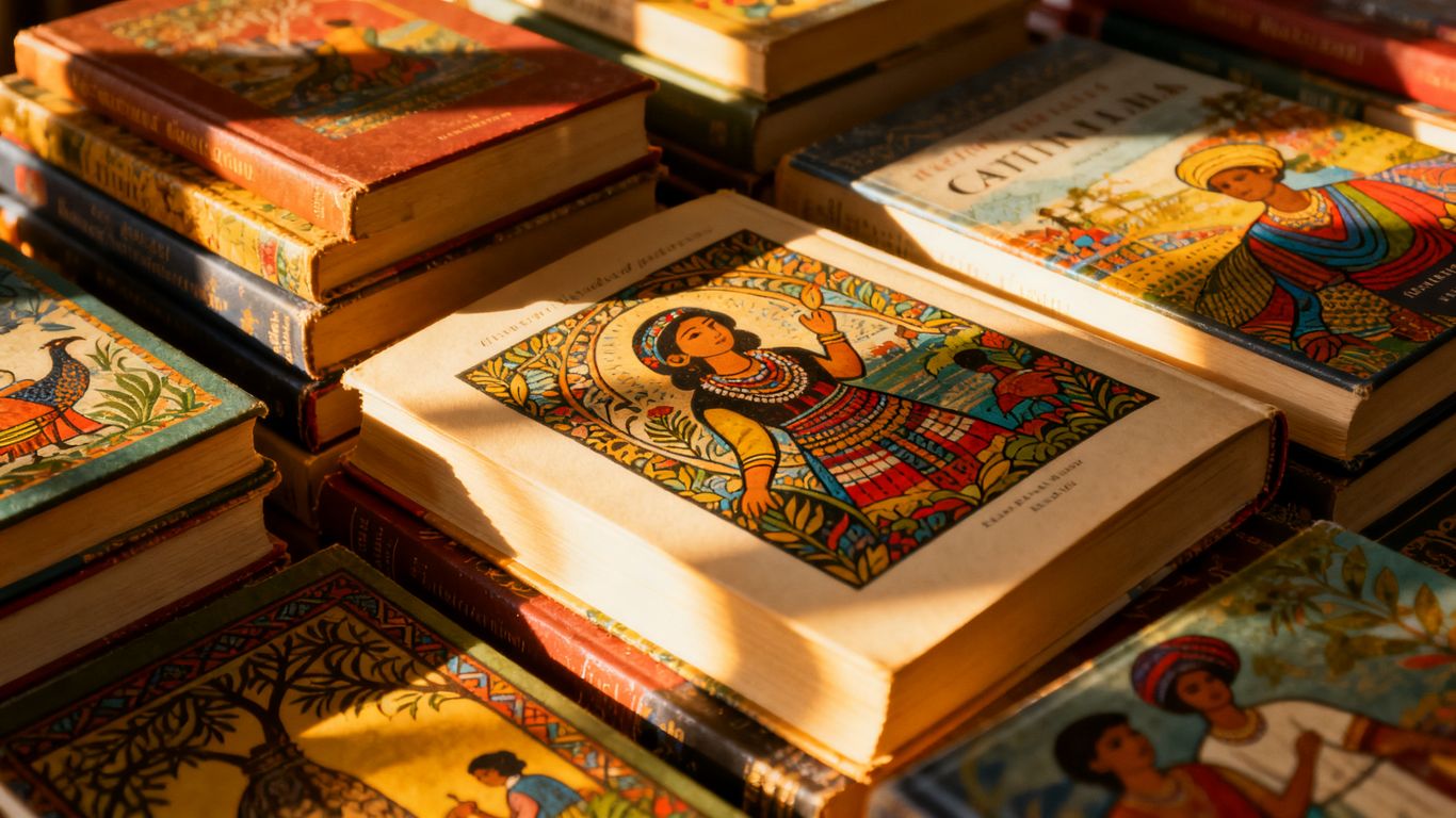 Diverse books with intricate covers, suggesting global stories.