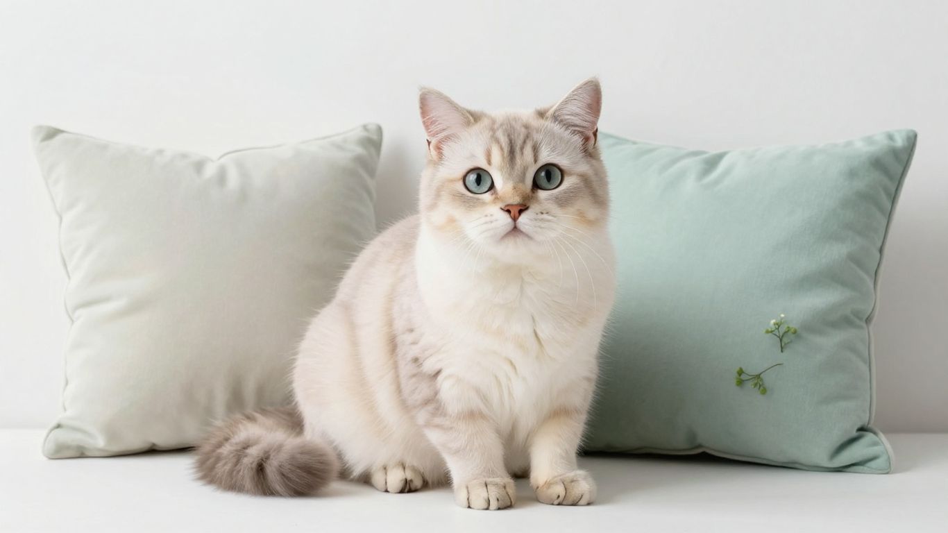 Fluffy cat portrait surrounded by soft pastel details