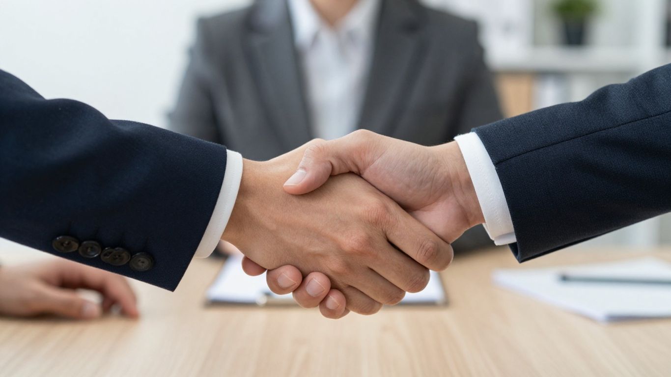 Hands shaking, symbolizing insurance claim settlement agreement.