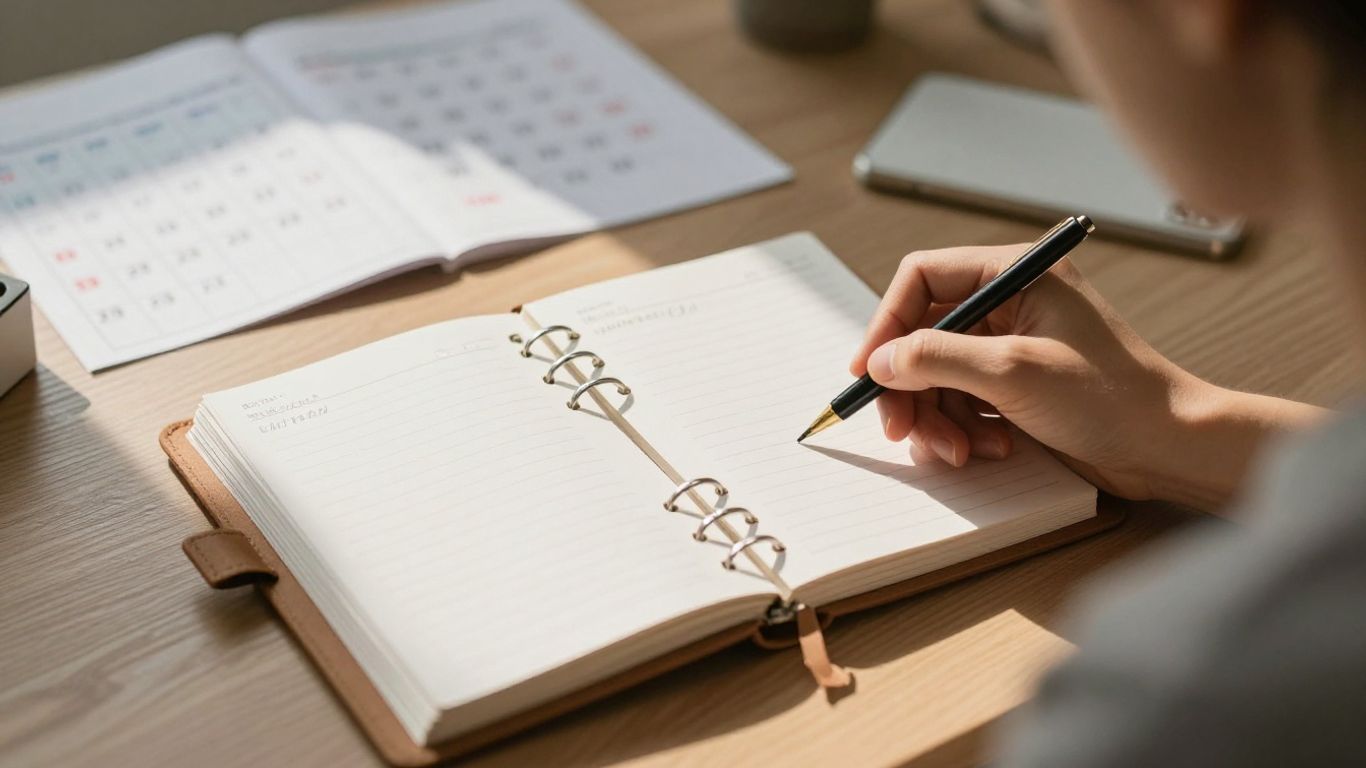 Person focused at desk with calendar and planner.