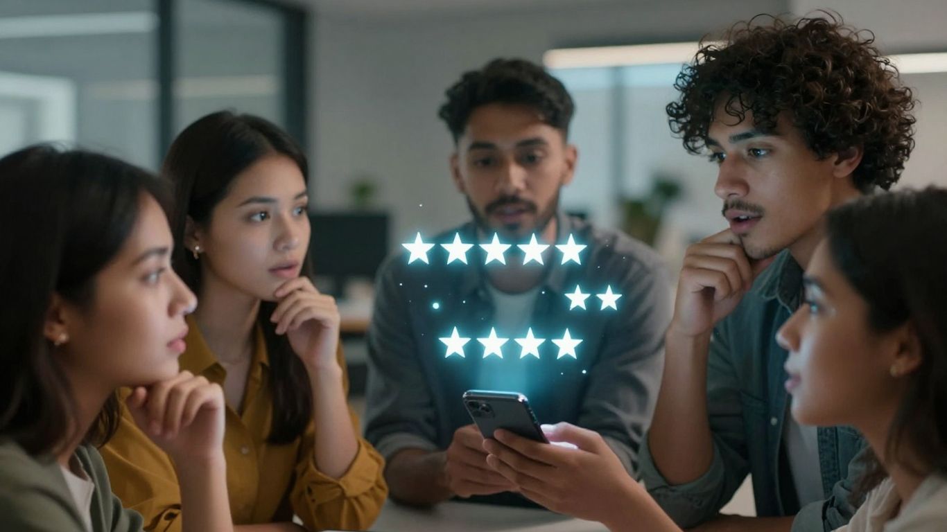 People viewing online reviews on a smartphone screen.