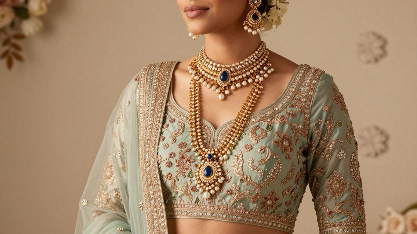 Bridal jewellery styled with an engagement outfit