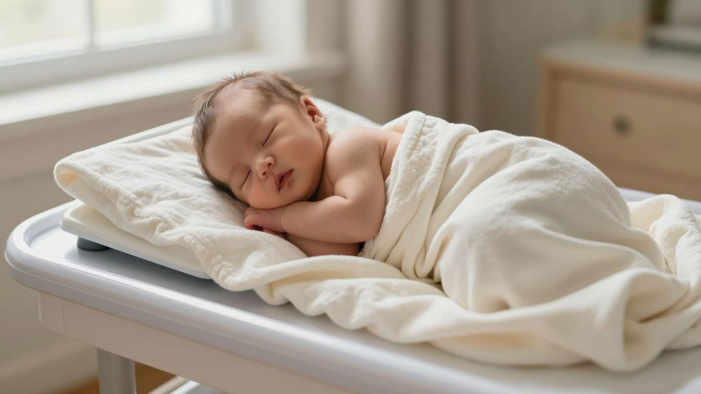 Recién nacido dormido junto a báscula pediátrica