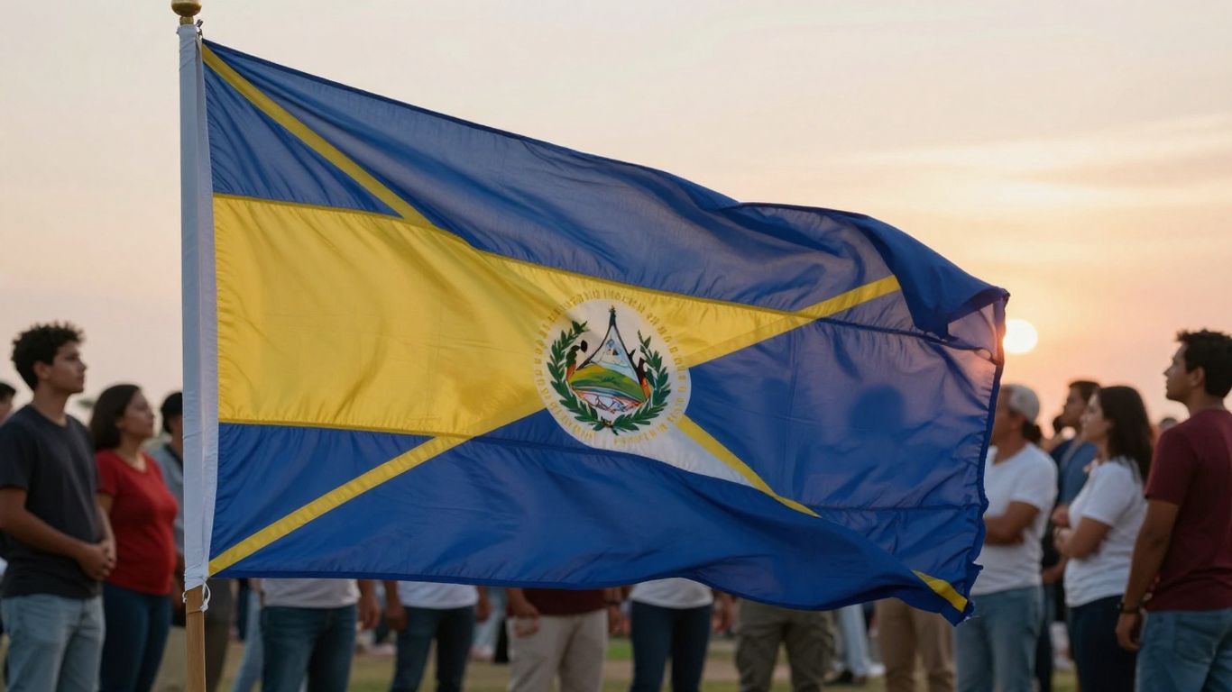 Salvadoran flag and diverse people looking towards a hopeful future.