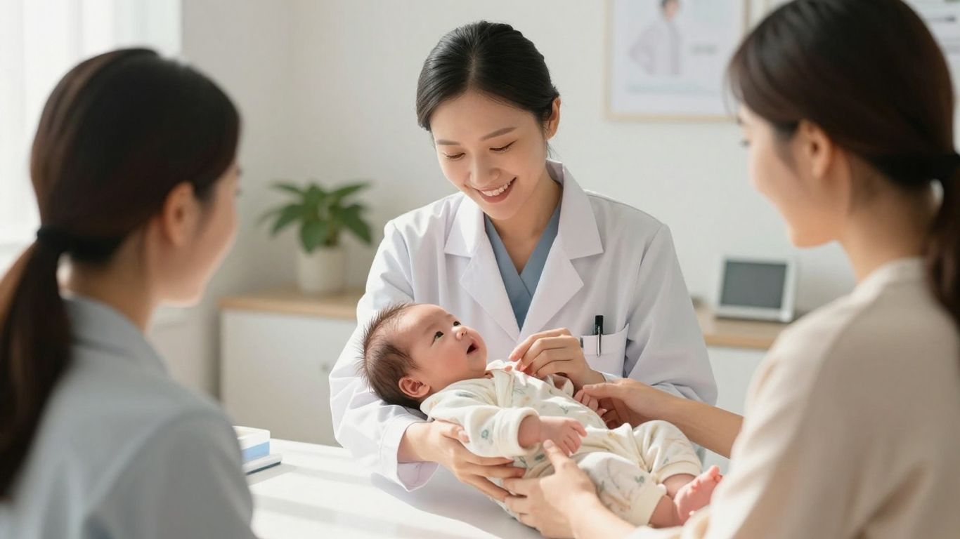 Pediatrician examining a newborn baby with a parent.