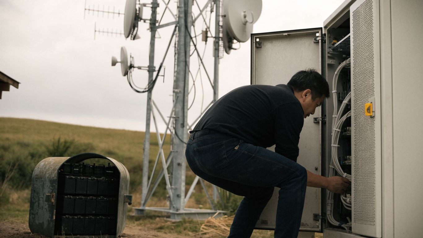 Technician reviewing backup power equipment at a tower