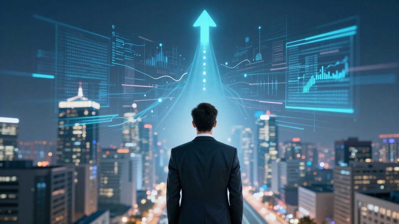 Sales leader overlooking data streams towards a bright future.
