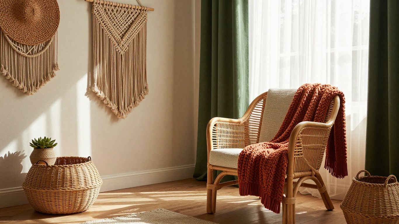 Boho living room with earthy tones and vibrant accents.