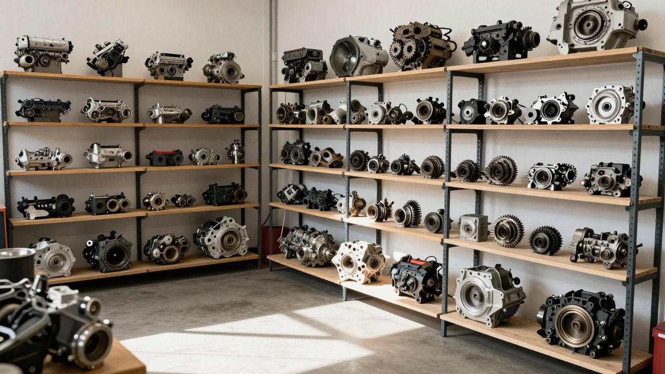 Used Honda engines and gearboxes in a workshop.