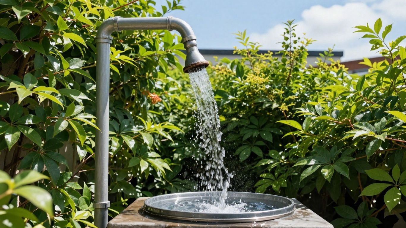Rain barrel collecting water from a rooftop downspout.