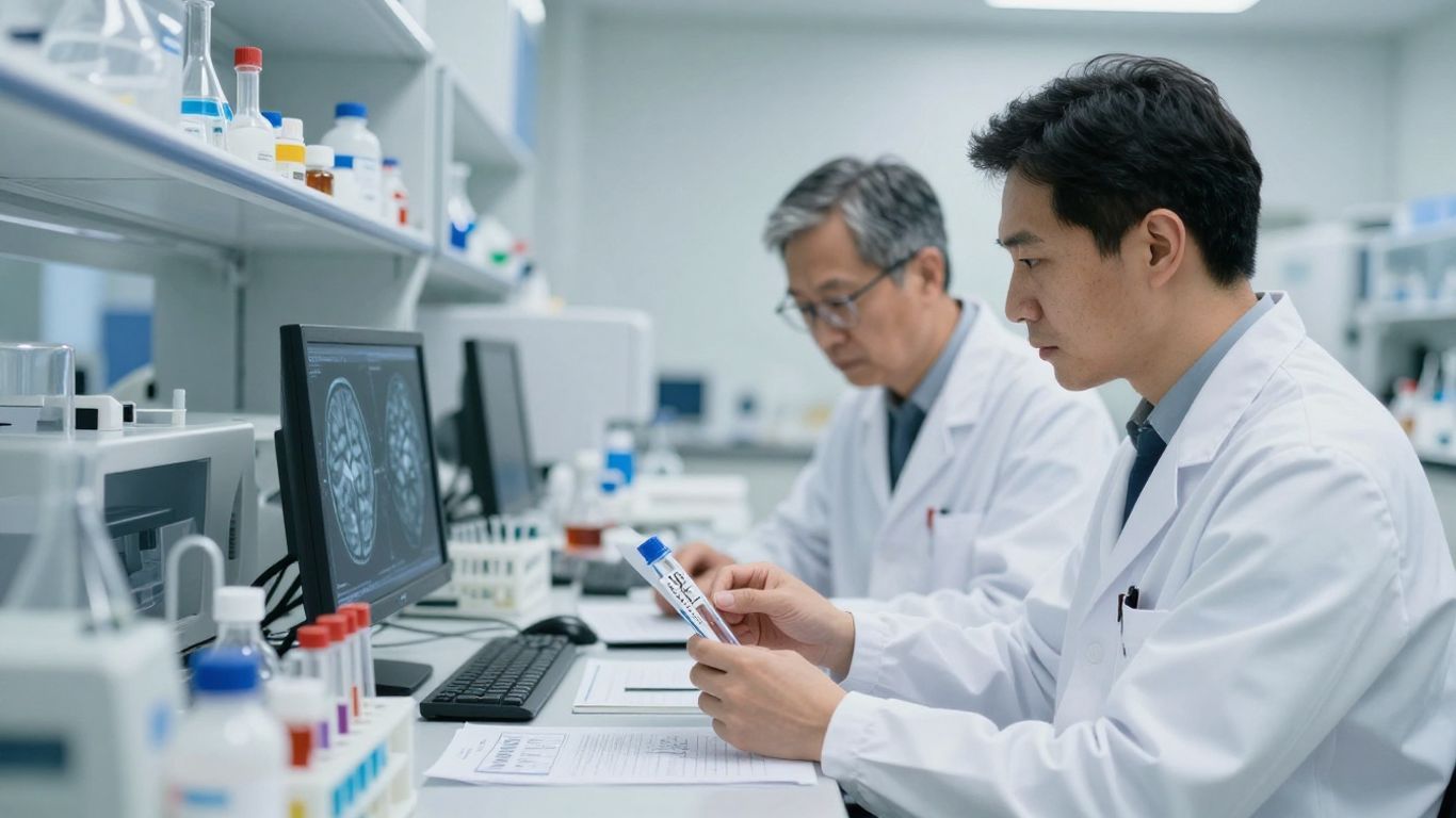 Scientists working in a modern Alzheimer's research lab.