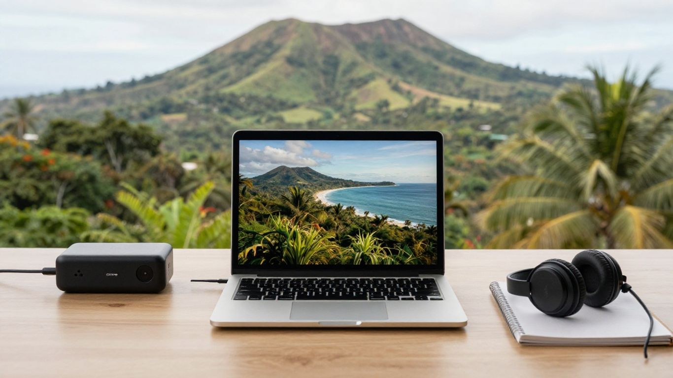 Laptop workspace near Salvadoran coast