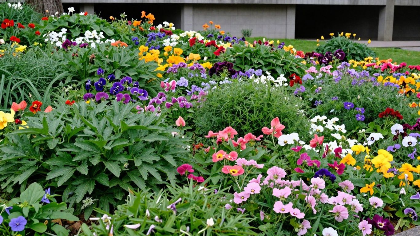 Seasonal flowers in Altona Meadows with winter structures.