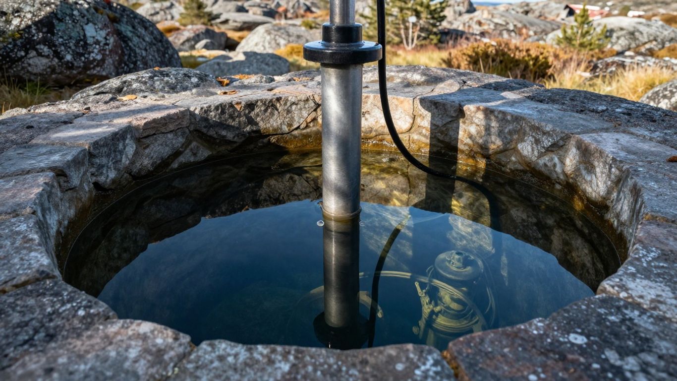 Pump i en grävd brunn med Bohusläns natur i bakgrunden.