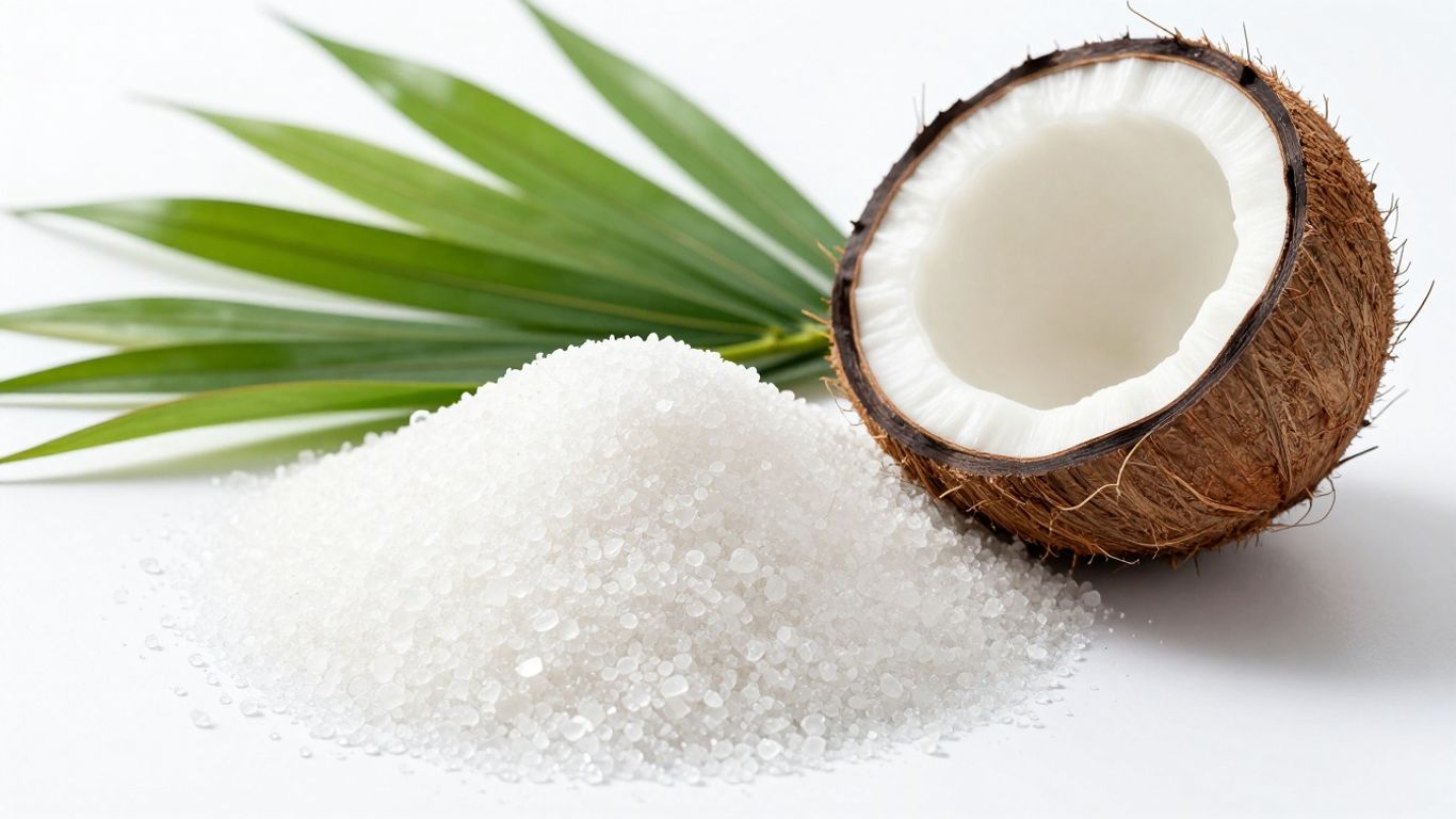 Coconut sugar pile with whole coconut and leaves