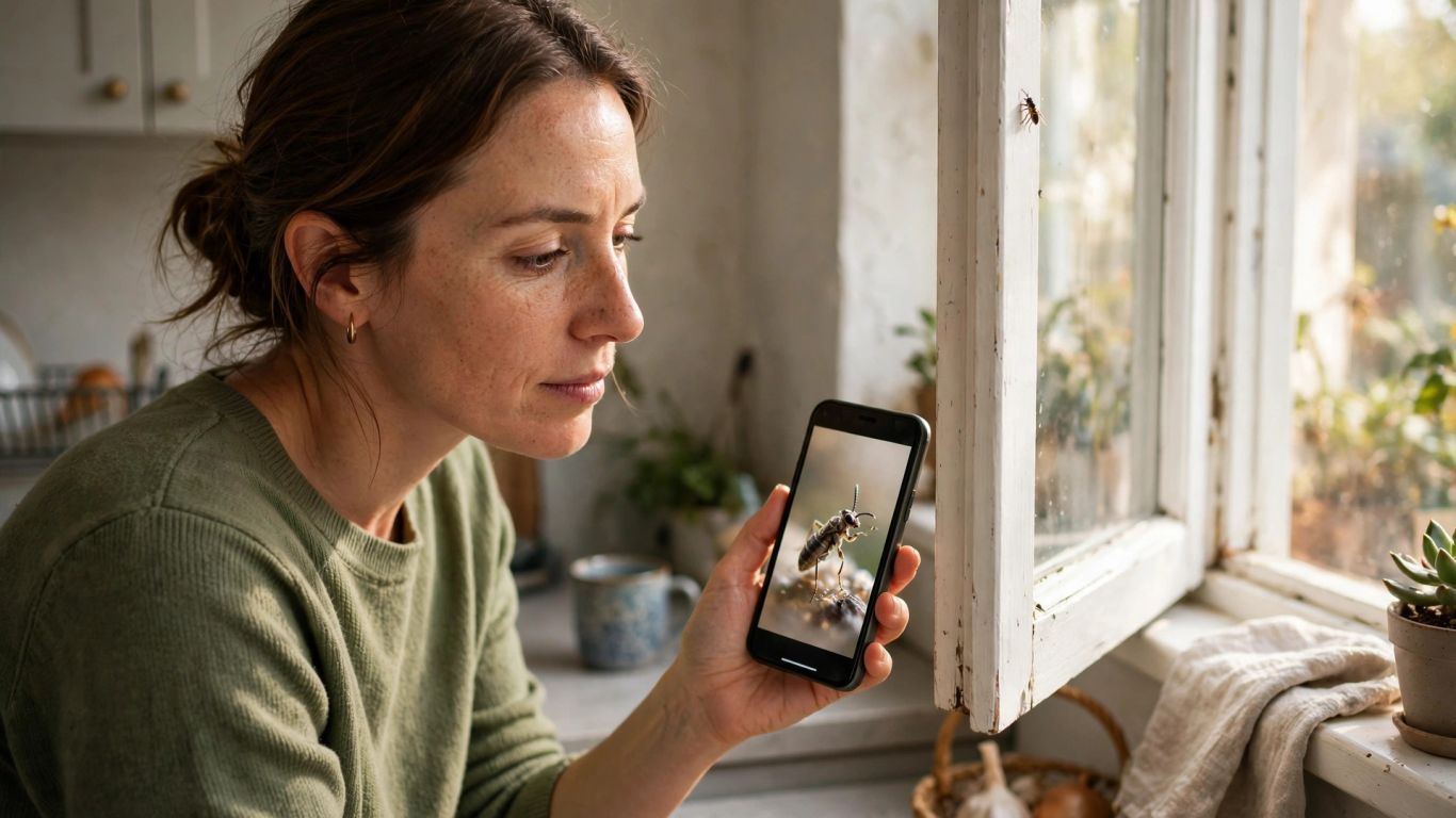 Homeowner examining an insect near a window