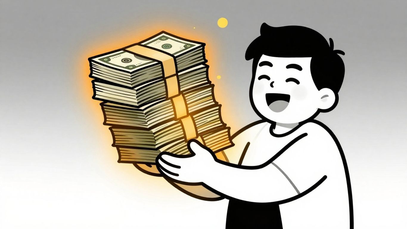 Person holding a stack of cash with a glowing light.