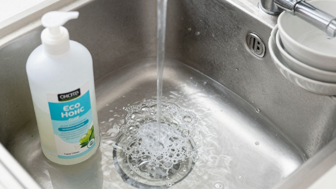 Sparkling clean dishes and eco-friendly dish soap bottle.