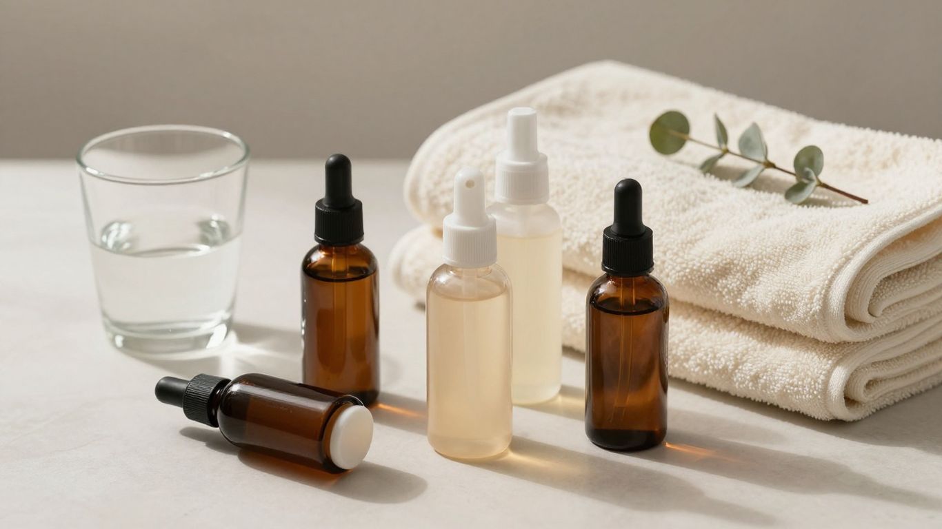 A selection of personal lubricant bottles beside soft towels