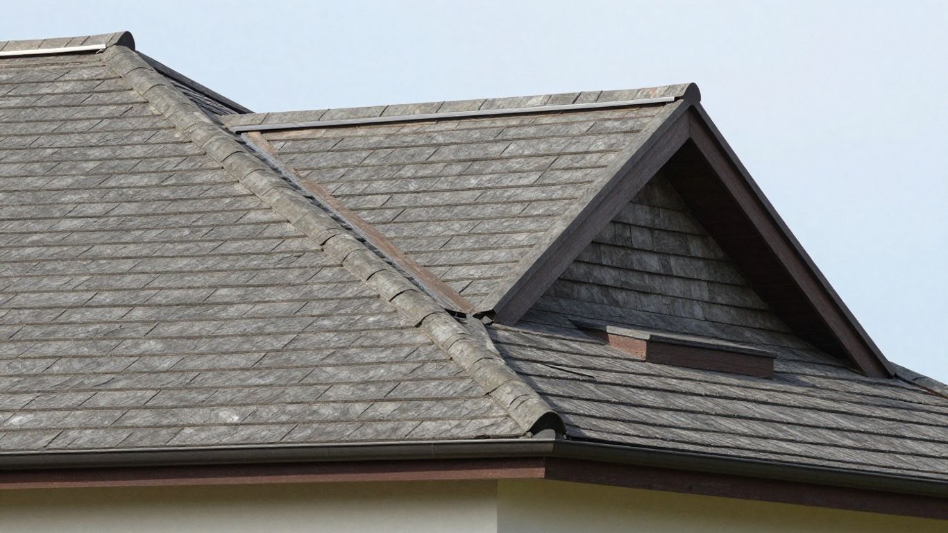 Two roofs with different pitches joined at a gable.