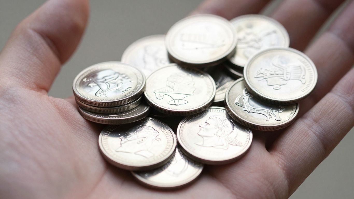 Main d'une personne tenant des pièces d'argent physiques.