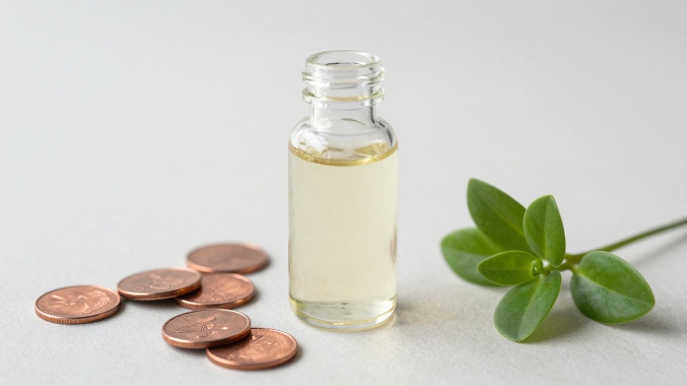Liquid copper supplement bottle with coins and plant.