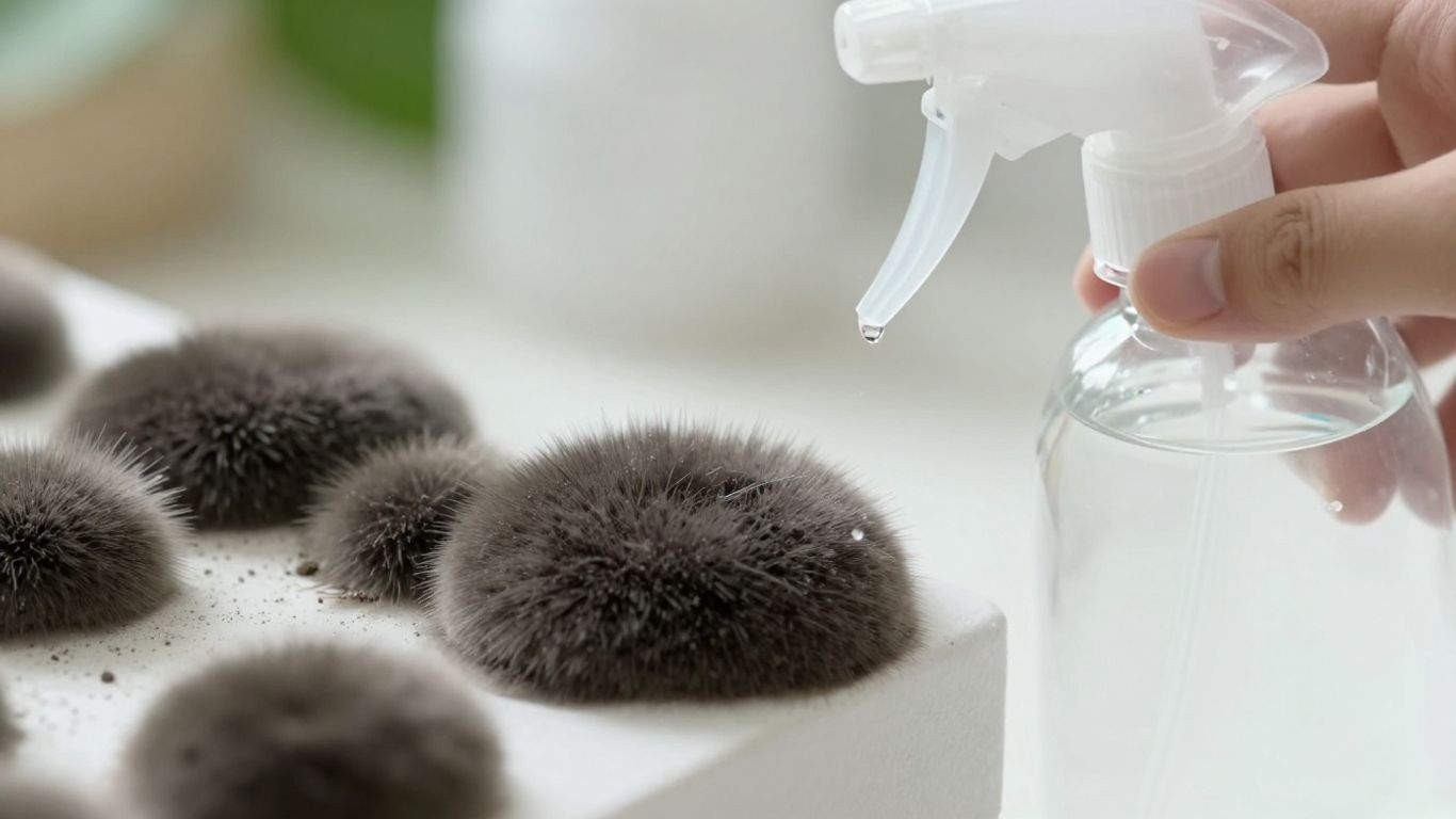 Bleach spray bottle near mold on a surface.