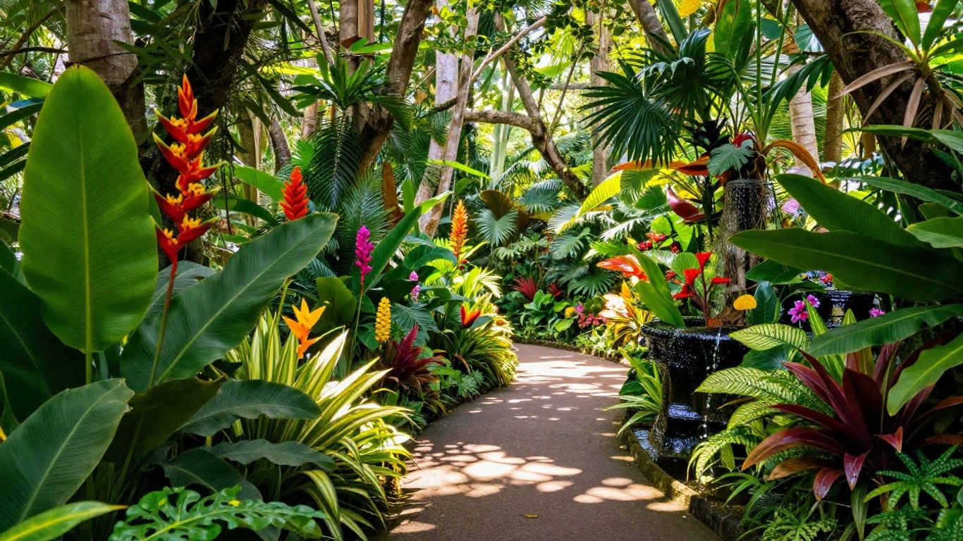 Lush green pathways and vibrant flowers in a botanical garden.