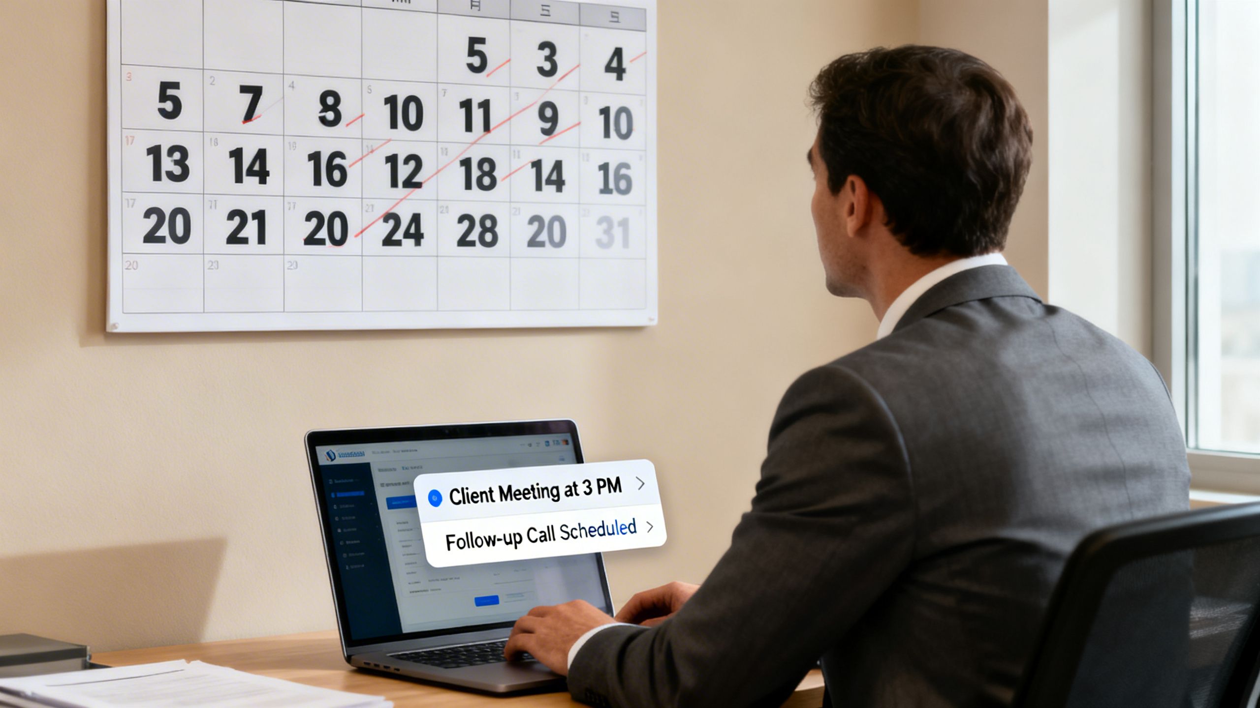 A sales professional looking at a calendar with automated reminder notifications popping up on their screen