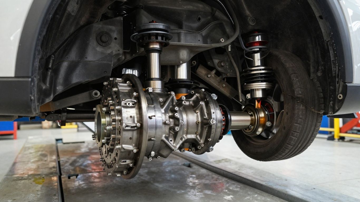 Photographic underside view of driveshaft and axle