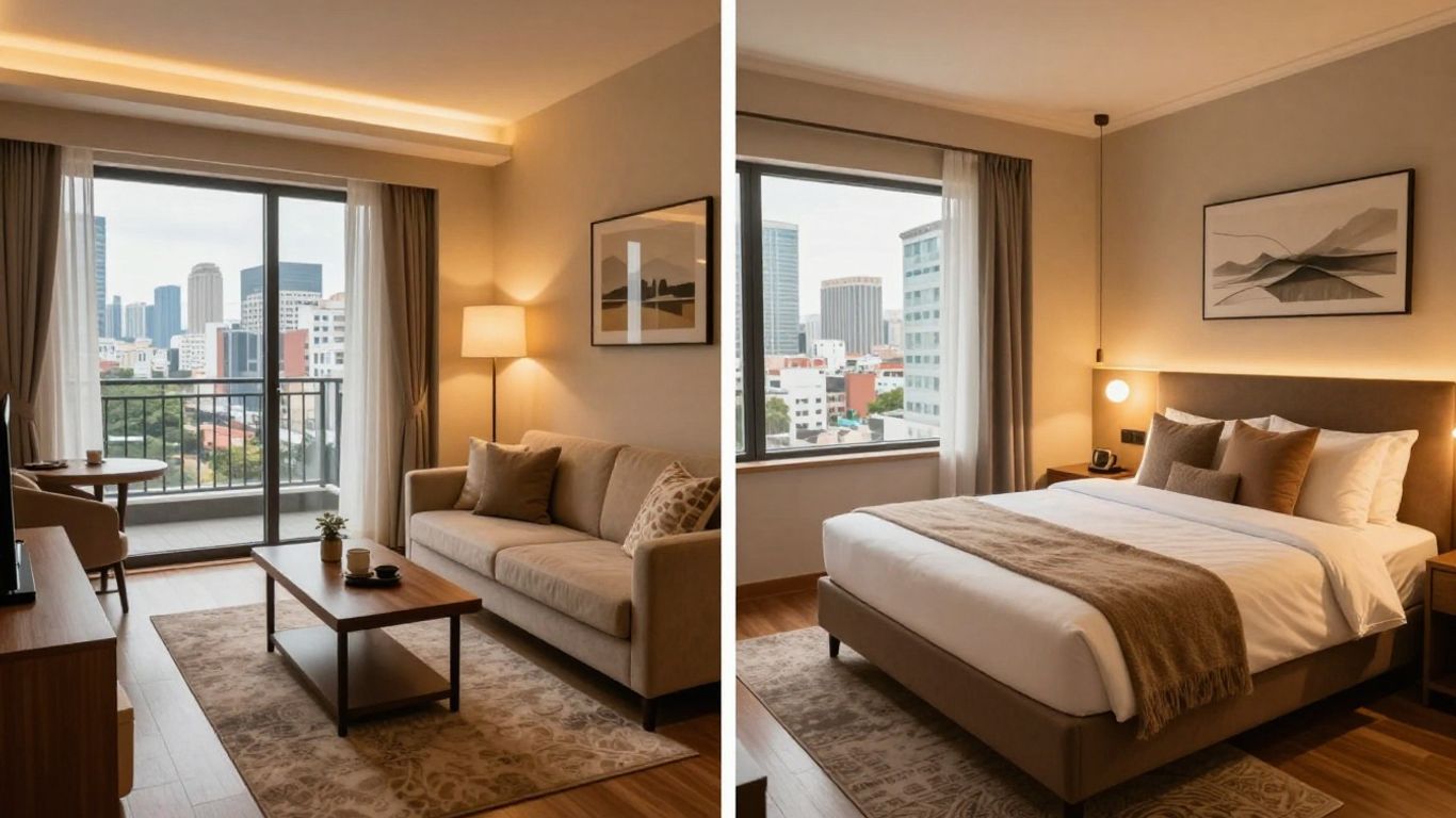 Hotel suite versus Airbnb room comparison image.