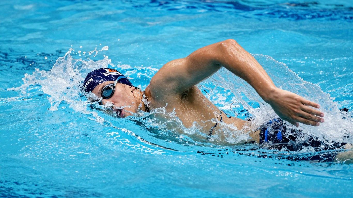 Swimmer's powerful leg kick underwater, creating water splashes.
