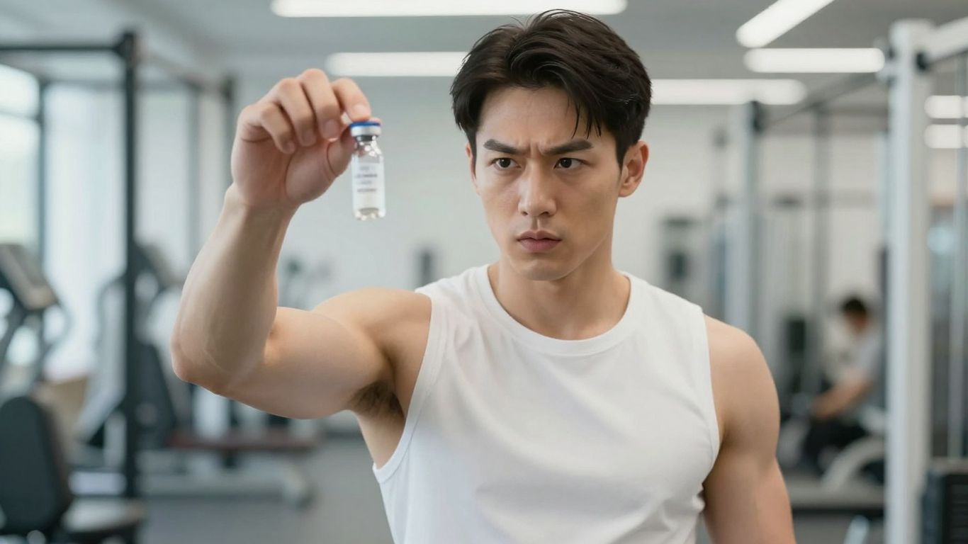 Person in athletic wear with a small vial.
