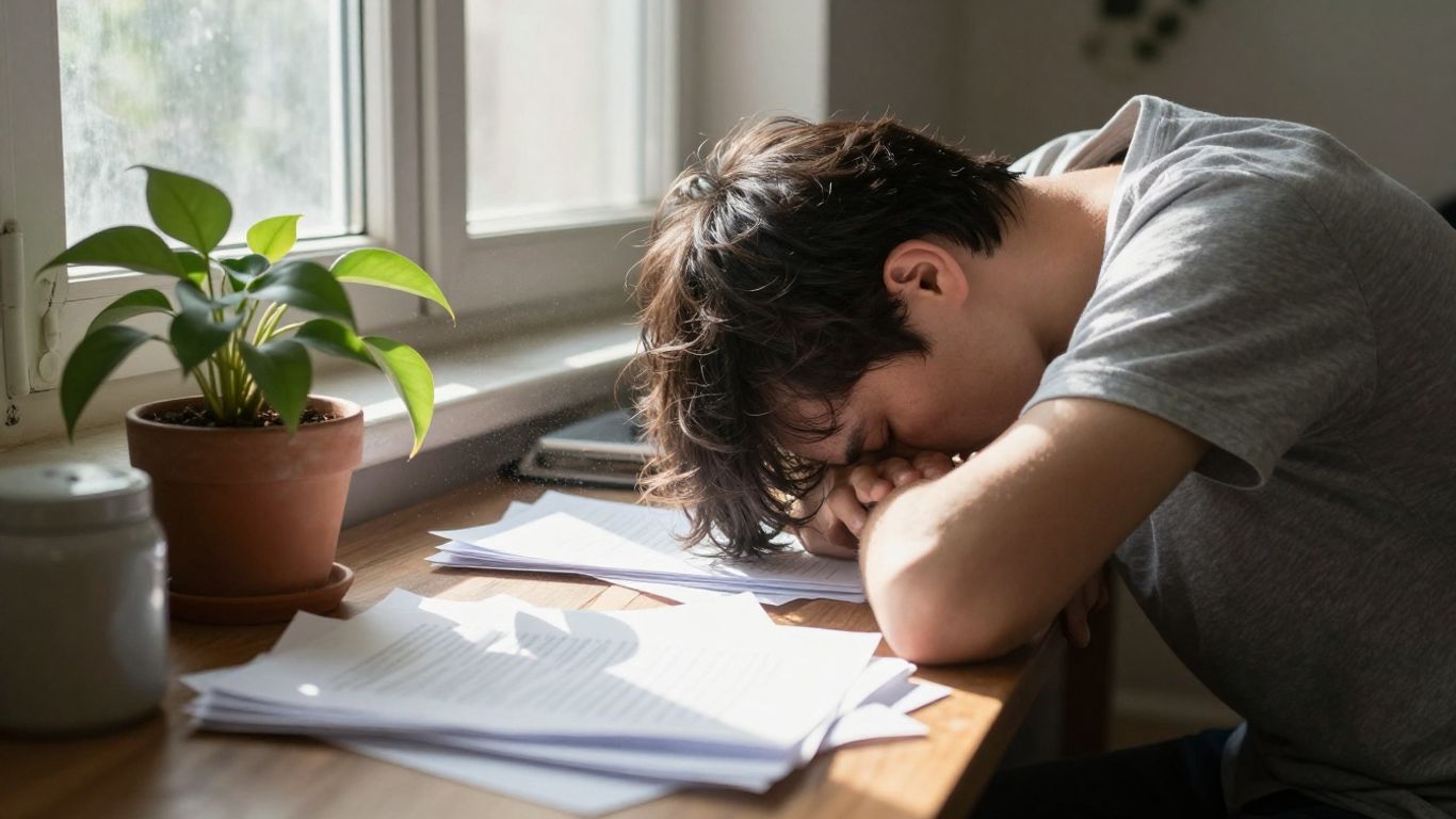 Person overwhelmed at desk, unable to start work.