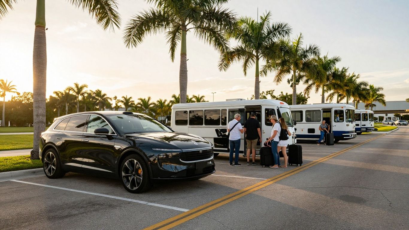 Luxury shuttle and palm trees near Palm Beach
