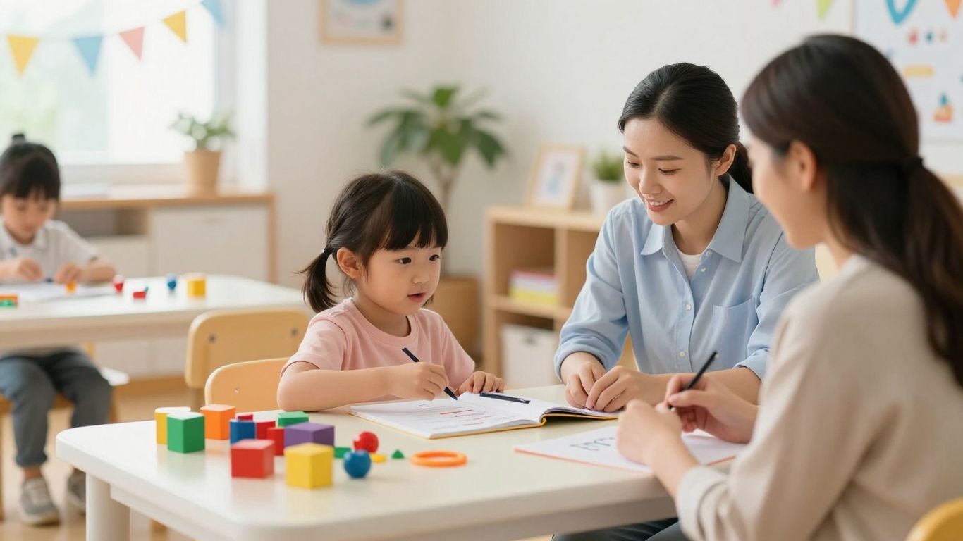 Child and therapist working together in a classroom.