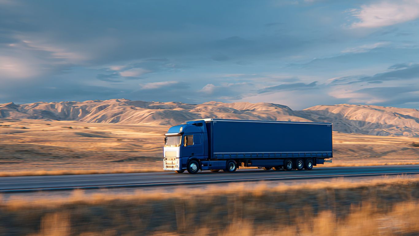 A blue semi-truck drives down a highway through a dry, mountainous landscape.