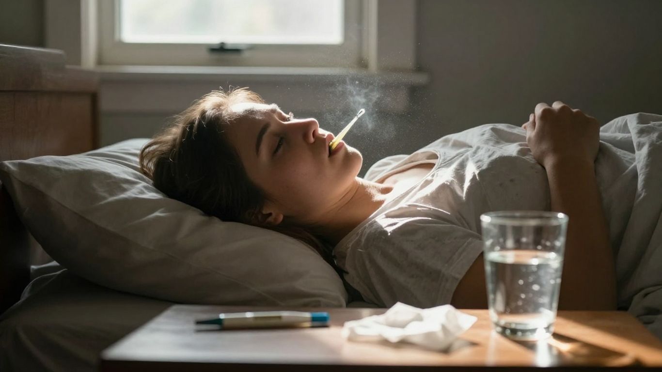 Person mit Fieber im Bett liegend