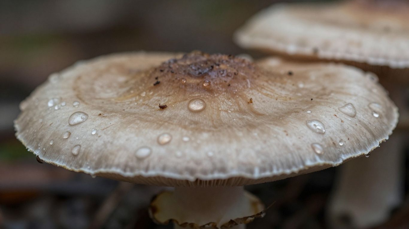 Nahaufnahme eines Pilzhutes mit Tautropfen