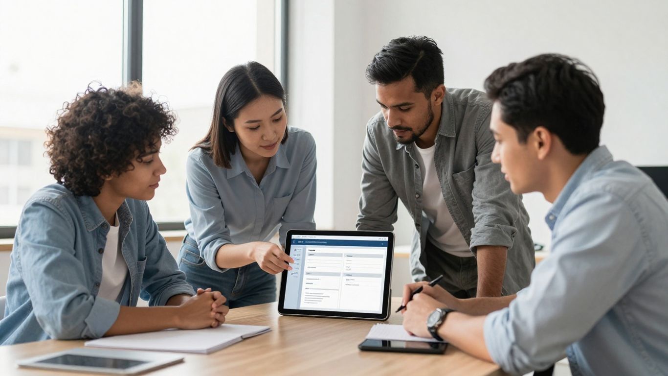 Plumbers using software on a tablet in an office.