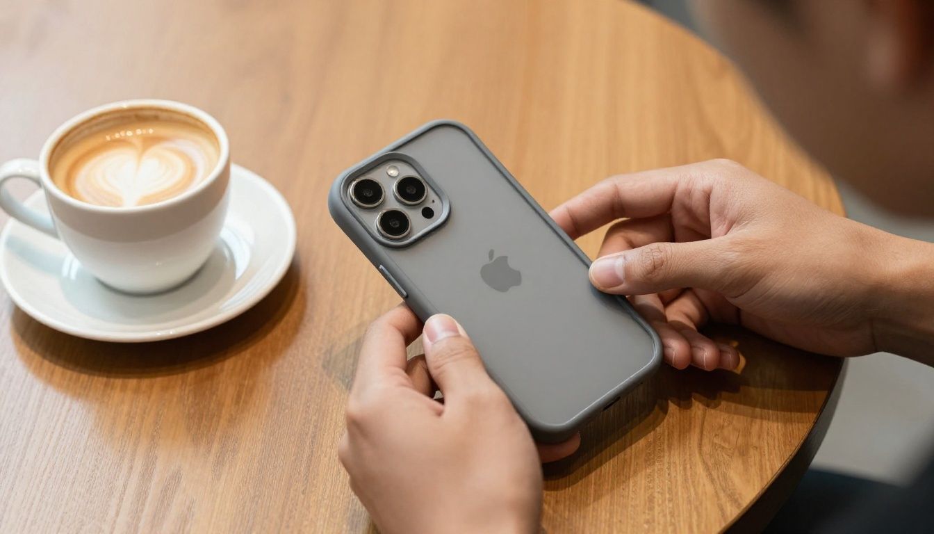 A person carefully fitting a new, simple phone case onto their iPhone 15 Plus, with a cup of coffee on the table beside them.
